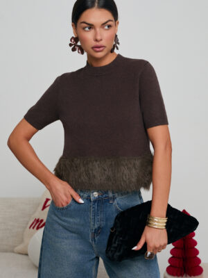 DZIANINOWY SWETER Z FUTERKIEM CZEKOLADA