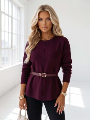 ELEGANCKI SWETER Z PASKIEM BORDO